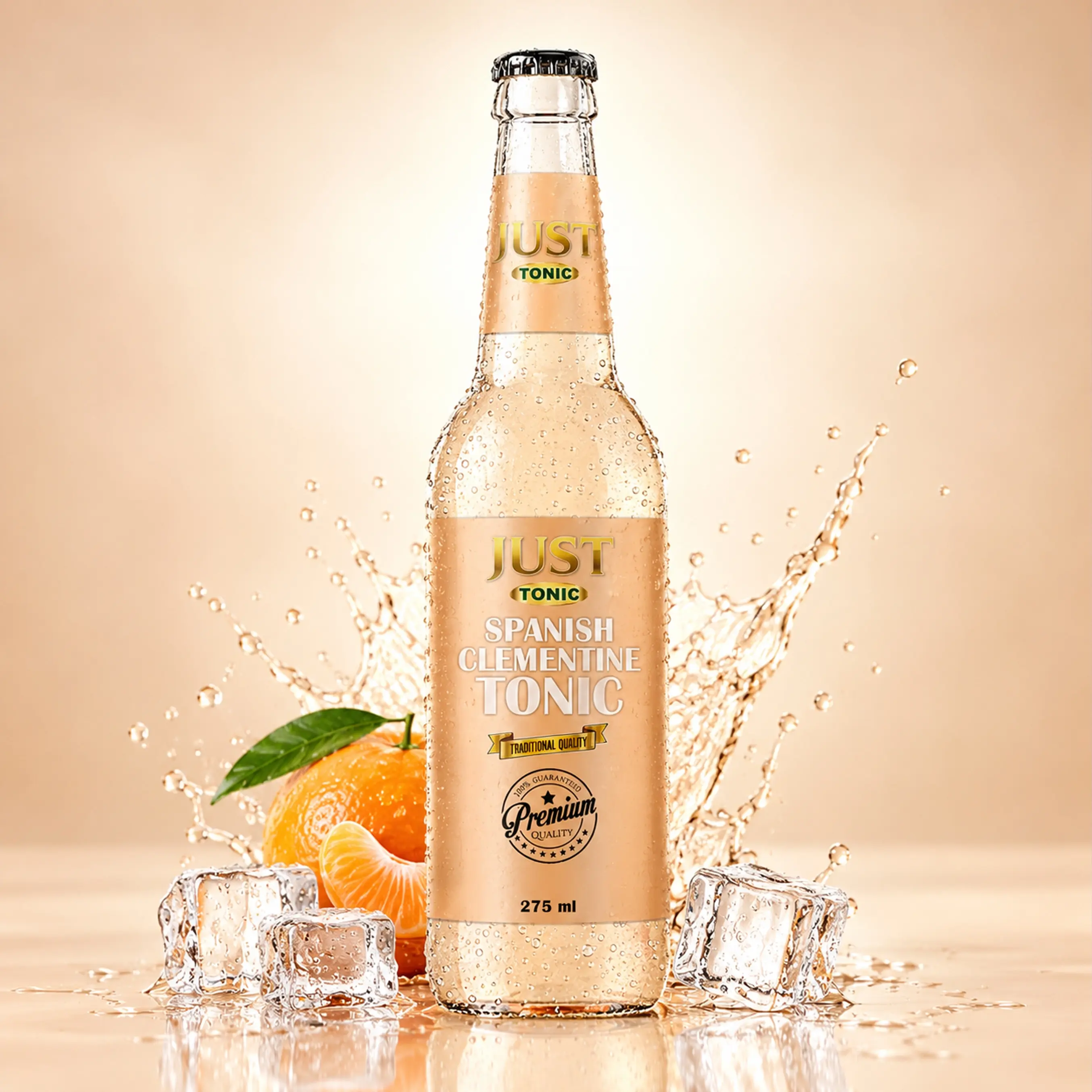 JUST Tonic Spanish Clementine Tonic 275ml glass bottle with fresh clementine, ice cubes, condensation, and sparkling water splashes.